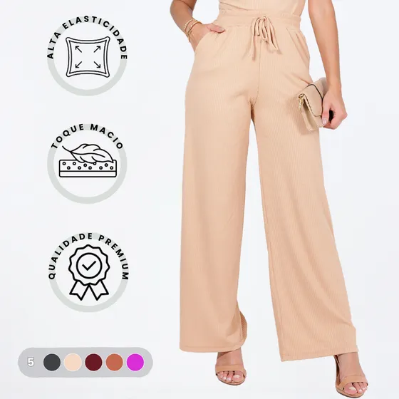 Calça Feminina Pantalona Com Bolso Cintura Alta E Elástico