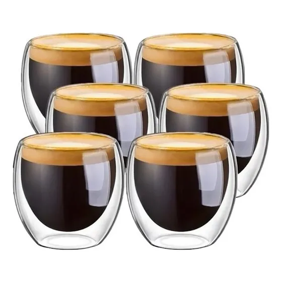 X6 Tazas Doble Pared Vidrio 200ml Vaso Cafe Borosilicato