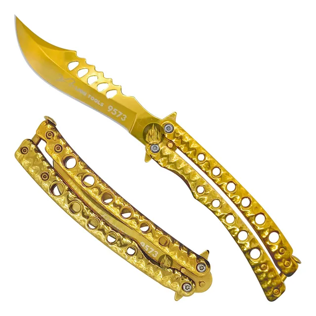 Navaja Cuchillo Mariposa Afilada De Lujo Dorada Acero Inox.
