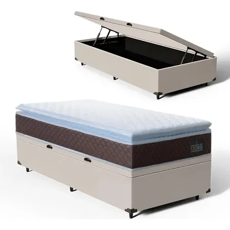 Cama Box Baú + Colchão De Espuma D33 Pillow Top Solteiro Cor Bege