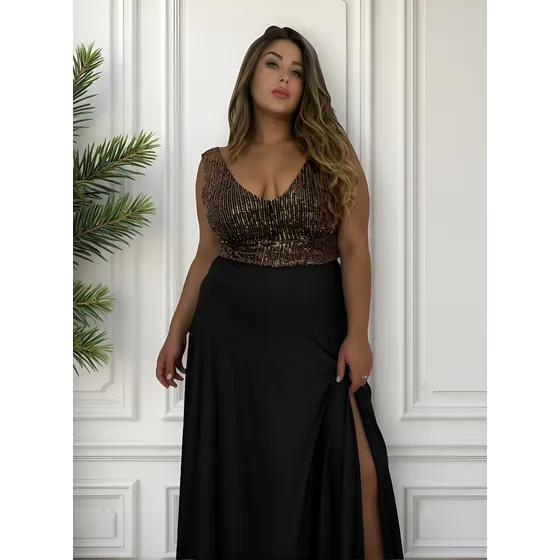Vestido Largo Gala Talle Grande Lentejuelas Tajo Moda Pasion