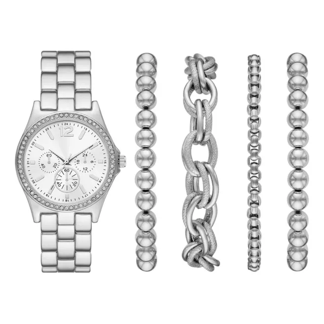 Set Reloj Dama Folio Analogico Pulso Metalico Mas Pulseras