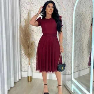 Vestido Midi GodĂȘ Malha Elanca Tule Manga Curta Gola Redonda Vestido Midi GodĂȘ Malha Elanca Tule Manga Curta Gola Redonda