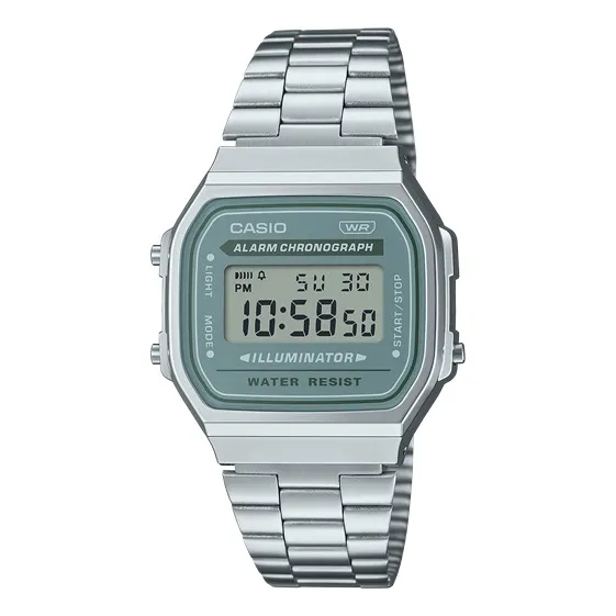 Reloj Casio Vintage A-168wa Oficial. Malla Plateado Bisel Plateado Fondo 3a