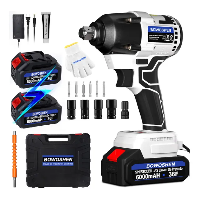 Pistola De Impacto Eléctrica Torque máximo 600 Nm BOWOSHEN Color Blanco Con Maletín de transporte y 2 Baterías