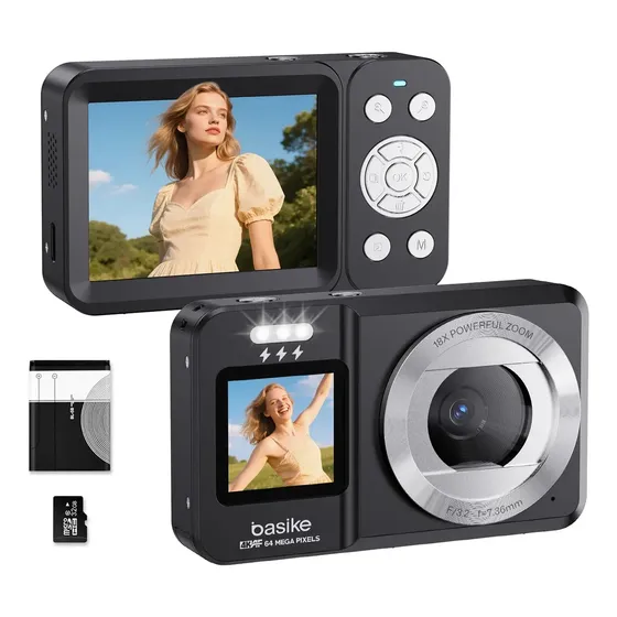 Basike Câmera Digital 4k portátil Tela Dupla ecrã IPS de 2,8 polegadas Ultra Hd 64mp, Zoom 18X, com Flash, Foco Automático e Função Webcam, bateria incorporada com cartão SD de 32GB Para viajes, vlogg