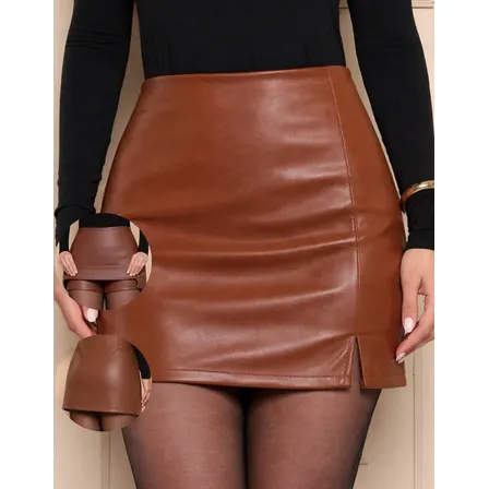 Short Saia Courino Feminino Fenda Lateral Saia Atrás Inverno Marrom P