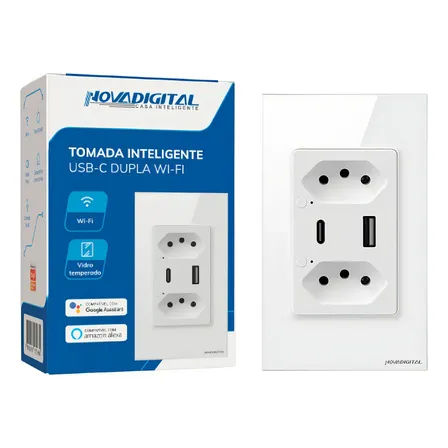 Tomada Inteligente Wifi Novadigital Dupla 20A e 10A Usb + USB-C Compatível Alexa Tuya Smart Life Google Branca