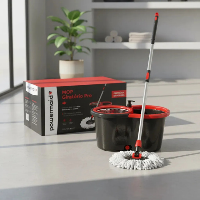Mop Giratório Pro Com Centrífuga Em Aço Inox Powermaid Cinza E Vermelho Preto