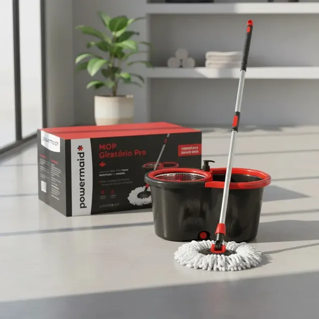 Mop Giratório Pro Com Centrífuga Em Aço Inox Powermaid Cinza E Vermelho Preto