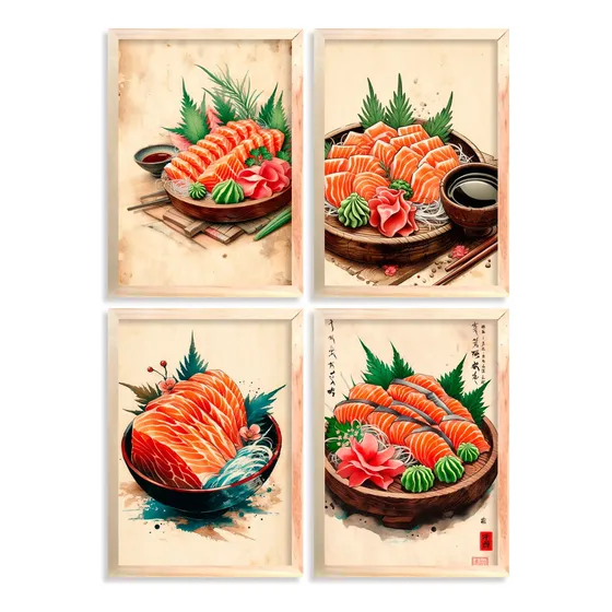 Conjunto De 5 Quadros Orientais Sushi Restaurante 42cm