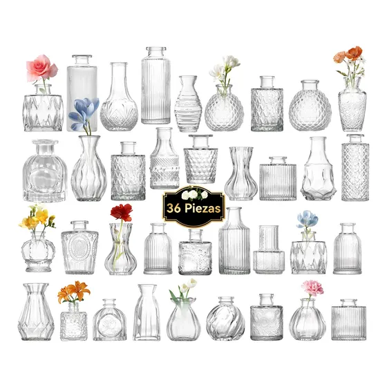 Juego De 36 Floreros Jarrones De Vidrio Cristal Transparente