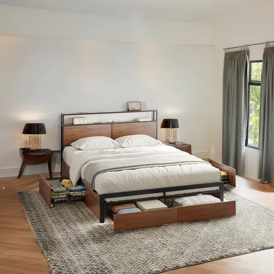 Base De Cama Queen Size Con Cajones Puertos Usb Y Luces Led