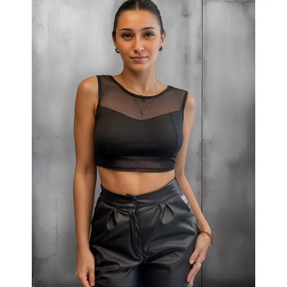 Musculosa Crop Top Mujer De Lycra C/ Tul - Transparencia