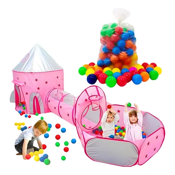 Barraca Infantil Rosa Toca Túnel 3 Em 1 Barbie + 100 Bolinha
