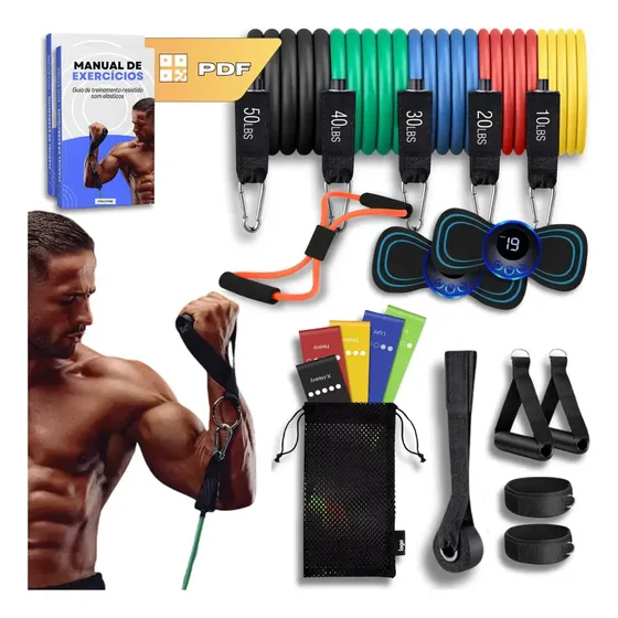 Kit 20 Itens Treino Em Casa Elástico Extensor Faixa Miniband Massageador Eletroestimulador Exercício Funcional Ginástica Acadedmia Fisioterapia Alegria Variado