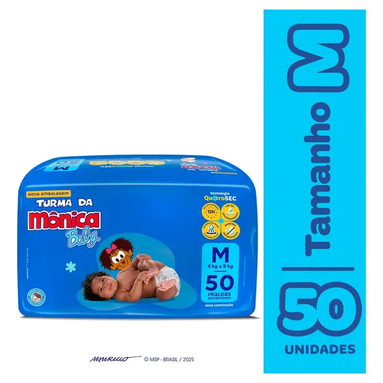 Fralda Turma da Mônica Baby M, 50 unidades