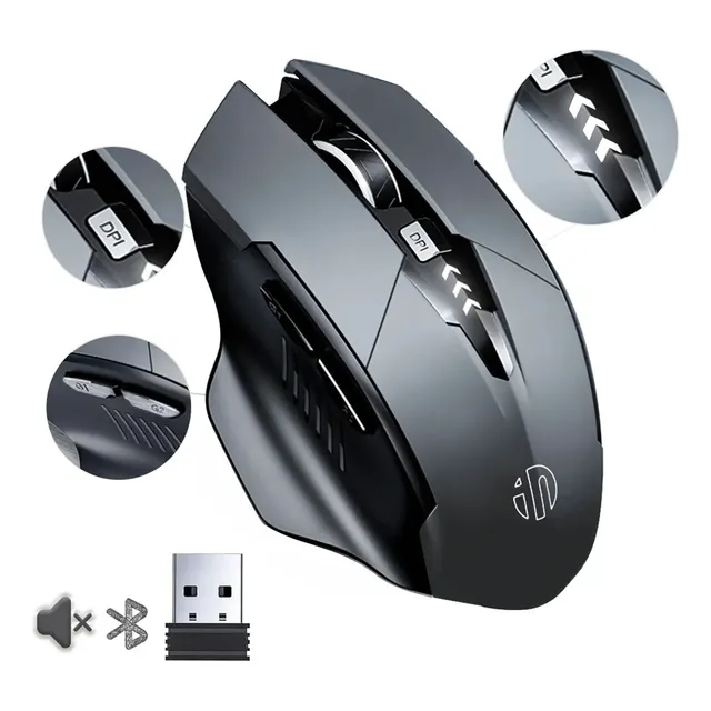 Inphic Mouse Inalámbrico Bluetooth/2.4g 3Modos Recargable Gamer Ergonomico Con Receptor USB Silencioso De Oficina 3 DPI Ajustables Ratón Para Computadora/portátil/tablet Color Gris