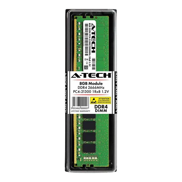 Memoria Ram 8gb A-tech Ddr4 2666mhz Modulo (1 X 8gb) Pc4-21300 Non-ecc Unbuffered Dimm 288-pin 1rx8 1.2v Single Rank Com