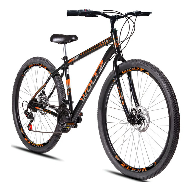 Bicicleta aro 29 Woltz Ltz na cor preta com detalhes em laranja, exibindo quadro tamanho 17, sistema de 21 marchas e freios a disco mecânicos.