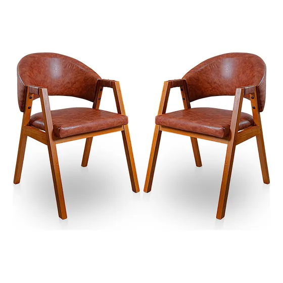 Kit 2 Poltronas Cadeira Sala Madeira Maciça Caramelo Ocre Liso