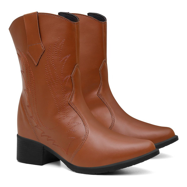 Bota Texana Feminina Bico Fino Salto Bloco Caramelo Western