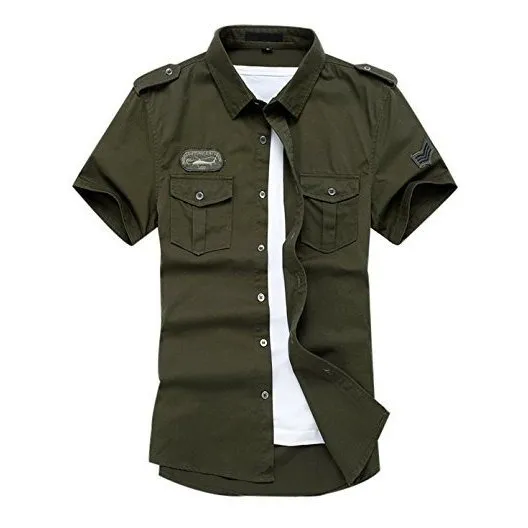 Camisa Militar De Manga Corta Con Botones Para Hombre