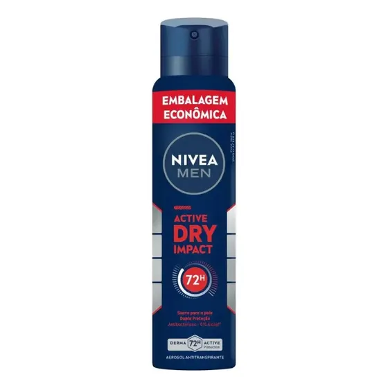 NIVEA MEN Desodorante Antitranspirante Aerossol Active Dry Impact 200ml, Proteção 72h, Contra Suor e Mau Odor, Dupla Proteção, Antibacteriano