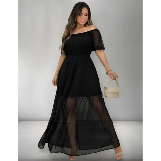 Vestido Longo Três Marias Preto  Em Tule Lindo E Sofisticado