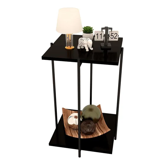 Mesinha Lateral Alta Tampo Duplo Estilo Industrial Pé Ferro Cor Preto liso