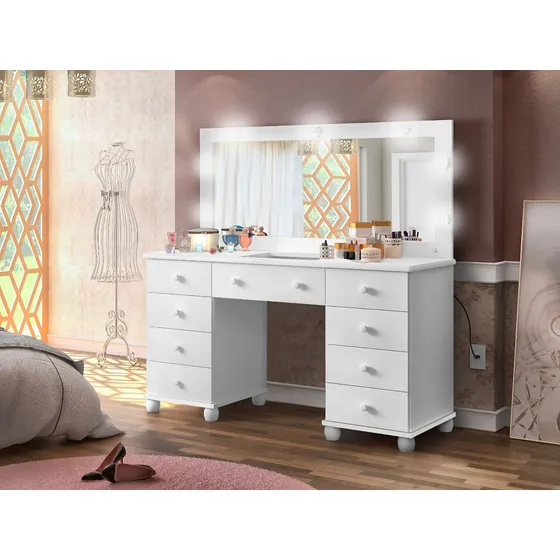 Penteadeira Luxo C/ Led Espelho 9 Gavetas Design Moderno Mdf