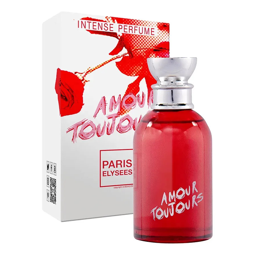 Frasco de perfume feminino Paris Elysees Amour Toujours Intense de 100ml ao lado de sua caixa branca com estampa de rosa vermelha