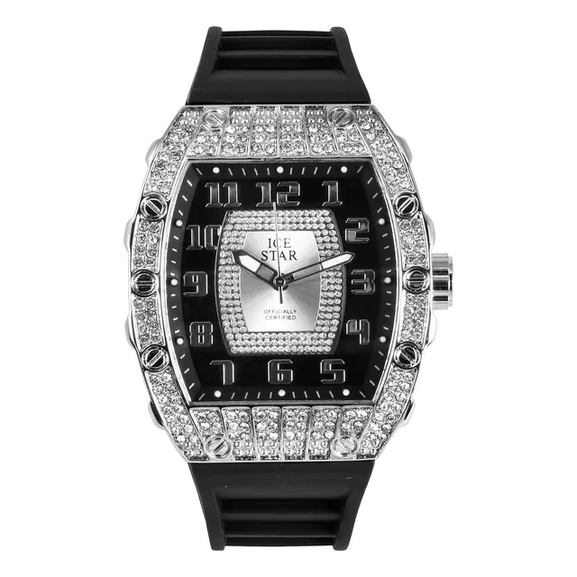 Reloj Techno Pave 41 Mm Hombre Iced Out Plata-negro