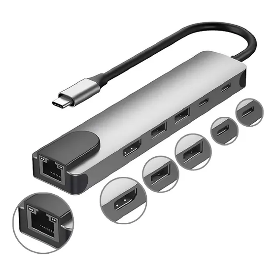 Adaptador Type-c Hub 6 Em 1 Usb C Hdmi 4k Usb 3.0 Lan Cor Prateado