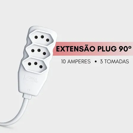 Extensão Plug 90 Graus 3 Tomadas Tripolar 10a Bivolt 1 Metro Branco 127/220v
