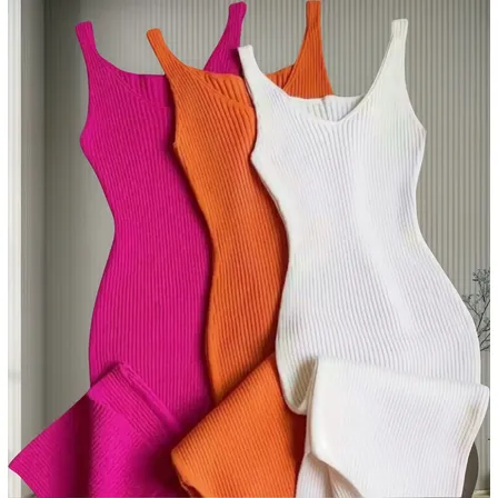 Vestido Regata Midi Decote V Canelado Tricot