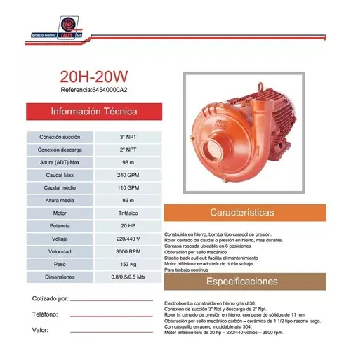 Bomba Centrifuga Ihm Modelo 20h-20tw Motor 20hp 220 V  3ph