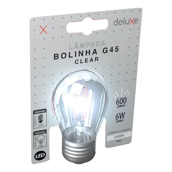 Lampada Led Bolinha G45 Clear 6w 6500k Luz Branco Frio E27 127/220v Ip20 Cod: 353241376 Deluxe By Avant