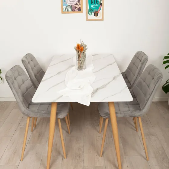 Mesa De Comedor Símil Mármol Blanco / 140 Cm / Nórdico