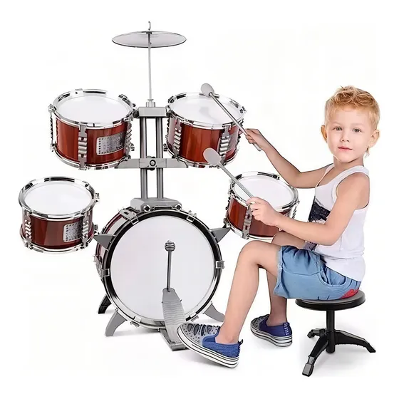 Batería Musical Infantil Fantastic Toys Niños Con Platillos, Baquetas Y Banco, Juguete Educativo De Madera, Ideal Para Desarrollar Habilidades Motoras Y Sensibilidad Musical, Para Niños De 5 A 7 Años
