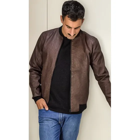 Campera Engomada Bomber De Hombre Color Tostado
