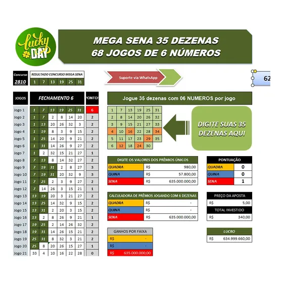 Mega Sena 35 Dezenas, 68 Jogos, 6 Números