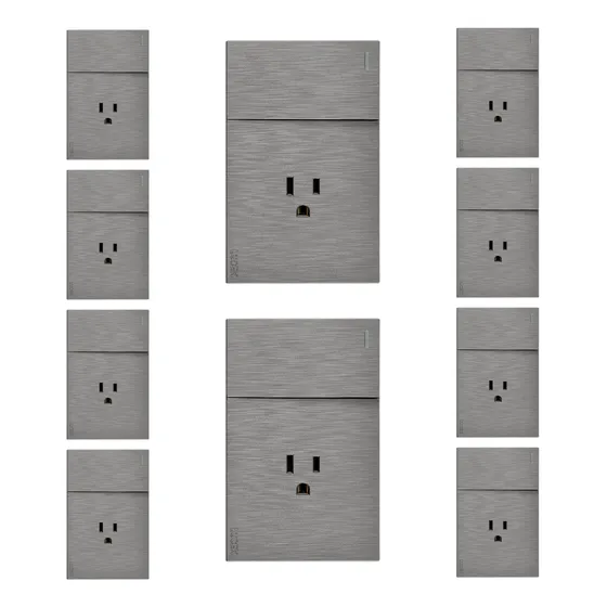 Paq. Con 10 Placas Con Interruptor Sencillo Y Contacto Flat 16 A 250v Plateado