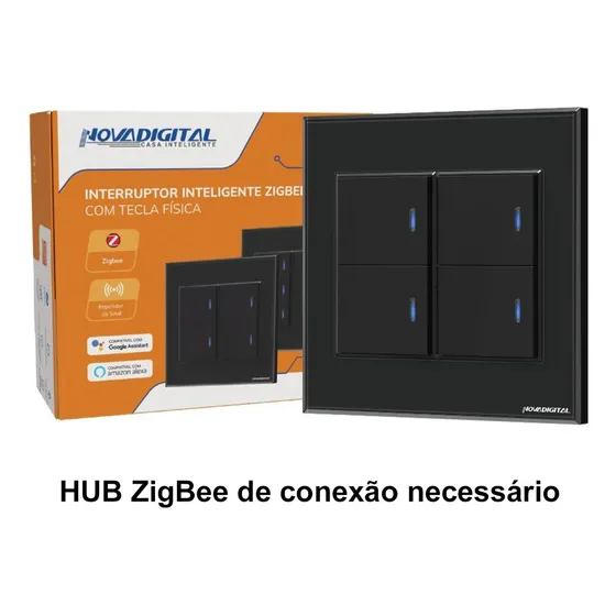 Interruptor Inteligente Zigbee Novadigital 4 Teclas Físicas 4x4 Tuya Smart Life Alexa Google 127/220V Preto