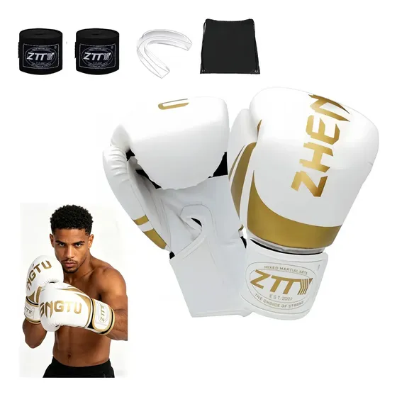 Kit Luva Boxe Muay Thai Profissional Com Bandagem 3m E Protetor Bucal Para Treino Saco De Pancada Kickboxing Mma, Ajuste Velcro Confortável,branco