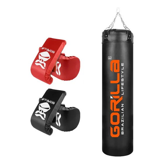 Saco de pancada 160cm Muay Thai 2 luvas cor preto e vermelho Boxe Gorilla