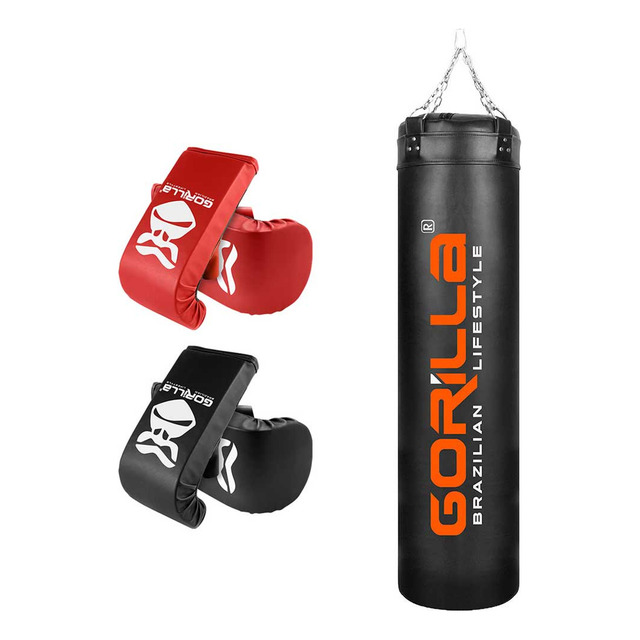 Saco De Pancada 160cm Muay Thai 2 Luvas Cor Preto E Vermelho Boxe Gorilla Saco De Pancada 160cm Muay Thai 2 Luvas Cor Preto E Vermelho Boxe Gorilla