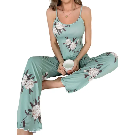 Conjunto De Pijama Verde Con Estampado Floral Para Dama, S