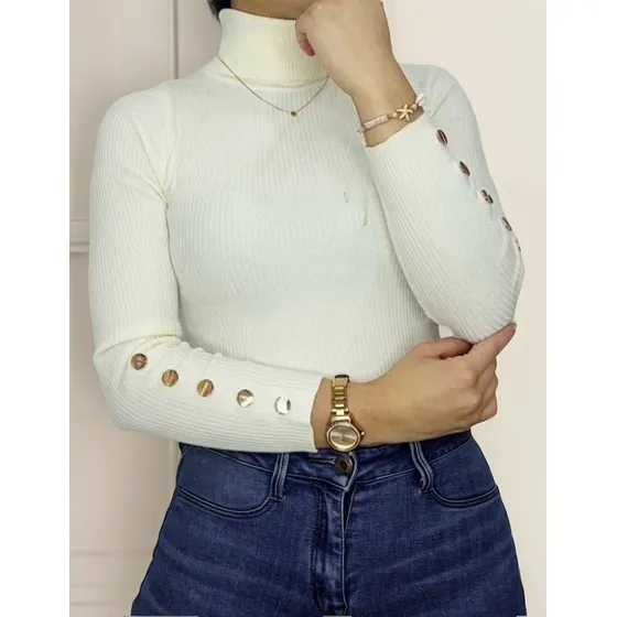 Buzo Saco Básico Dama Cuello Tortuga Mangas Botones Dorado