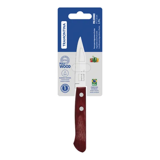 Cuchillo para Pelar Frutas y Verduras Tramontina Polywood con Lámina de Acero Inoxidable y Mango de Madera Tratada Rojo 3"